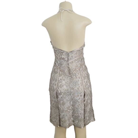 Express Slip Dress Womens 4 Champagne Lace Sequin Halter Semi-Sheer Y2K - Picture 2 of 16